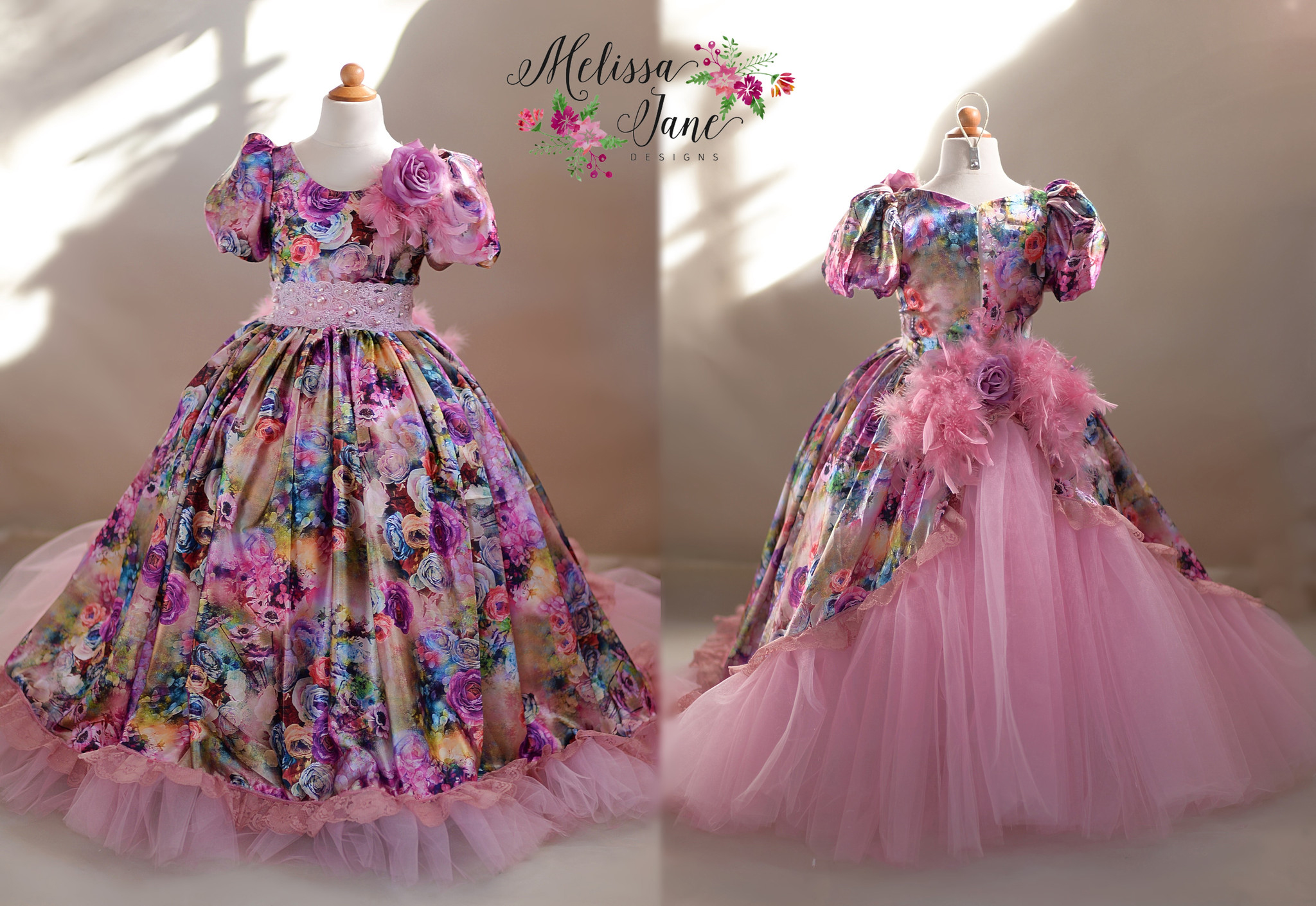 後姿華やかな花のドレス「Back Bustle Floral Couture Girls Dress」 2歳から12歳