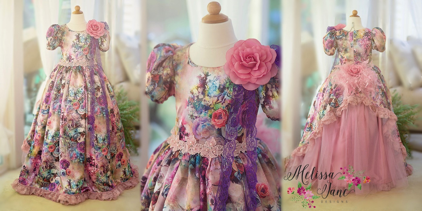後姿華やかな花のドレス「Back Bustle Floral Couture Girls Dress」 2歳から12歳