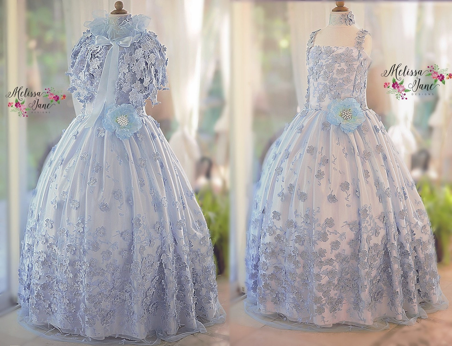 素晴らしい花のドレスとリムーバブルケープ「Exquisite One of a Kind Floral Girls Dress and removable Cape」4歳から14歳