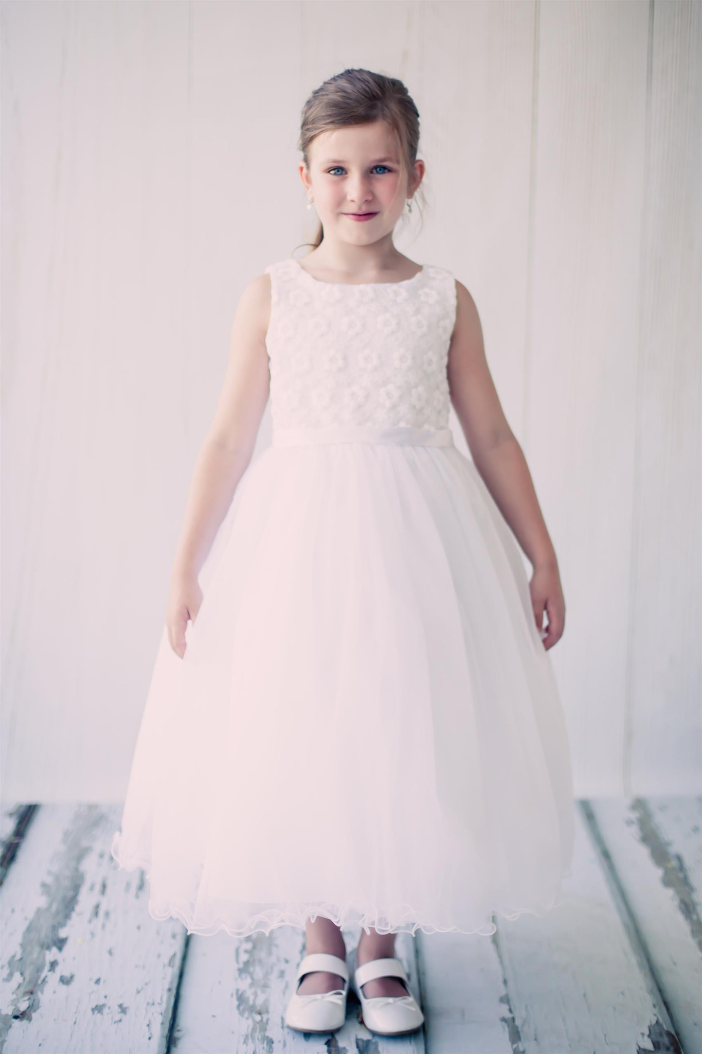 シンプルコレクション~花刺繍のチュールドレス「Simple Collection Flower Embroidered Girls Tulle Dress」2歳から14歳