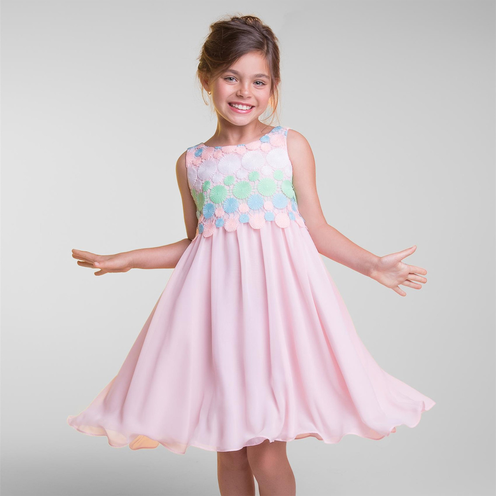 シンプルでかわいい円刺繍のシフォンドレス「Simple Cute Circle Embroidery Chiffon Dress」2歳から12歳
