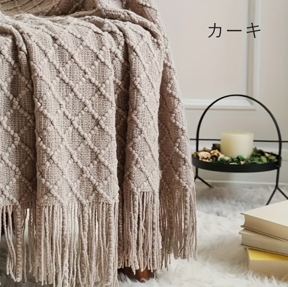 ナチュラルカラースローケット 大判ブランケット フリンジ付き