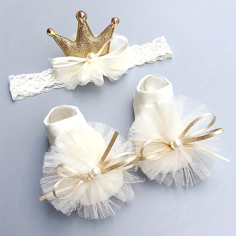 ニューボーンフォト 撮影小物 撮影衣装 ベビーヘッドバンド＆ソックスセット 0～1歳 ホワイト/ピンク