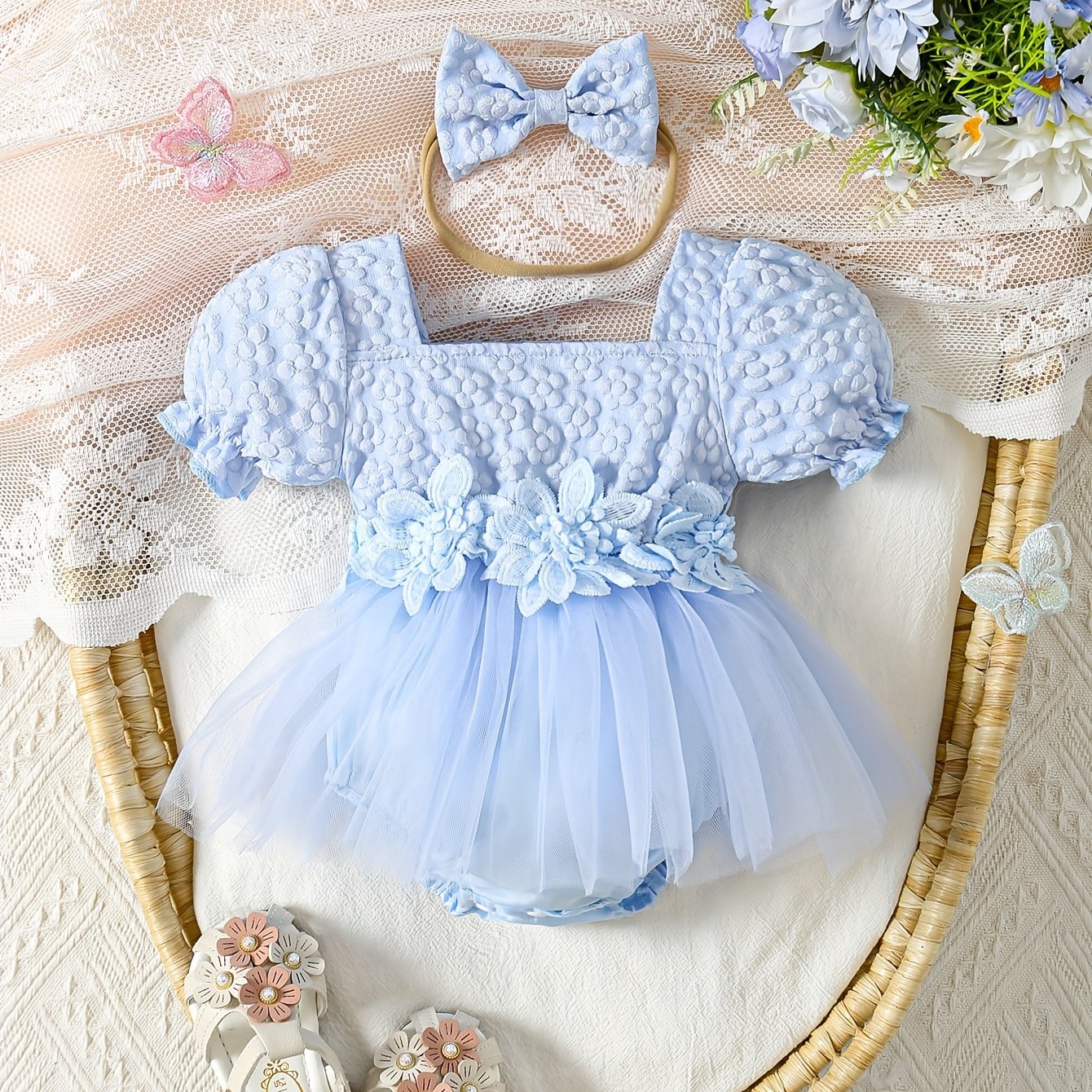 ニューボーンフォト 撮影衣装 女の子用 ガールズ パフ スリーブロンパースドレス サマードレス リボンのヘアバンド付き 0～18ヶ月