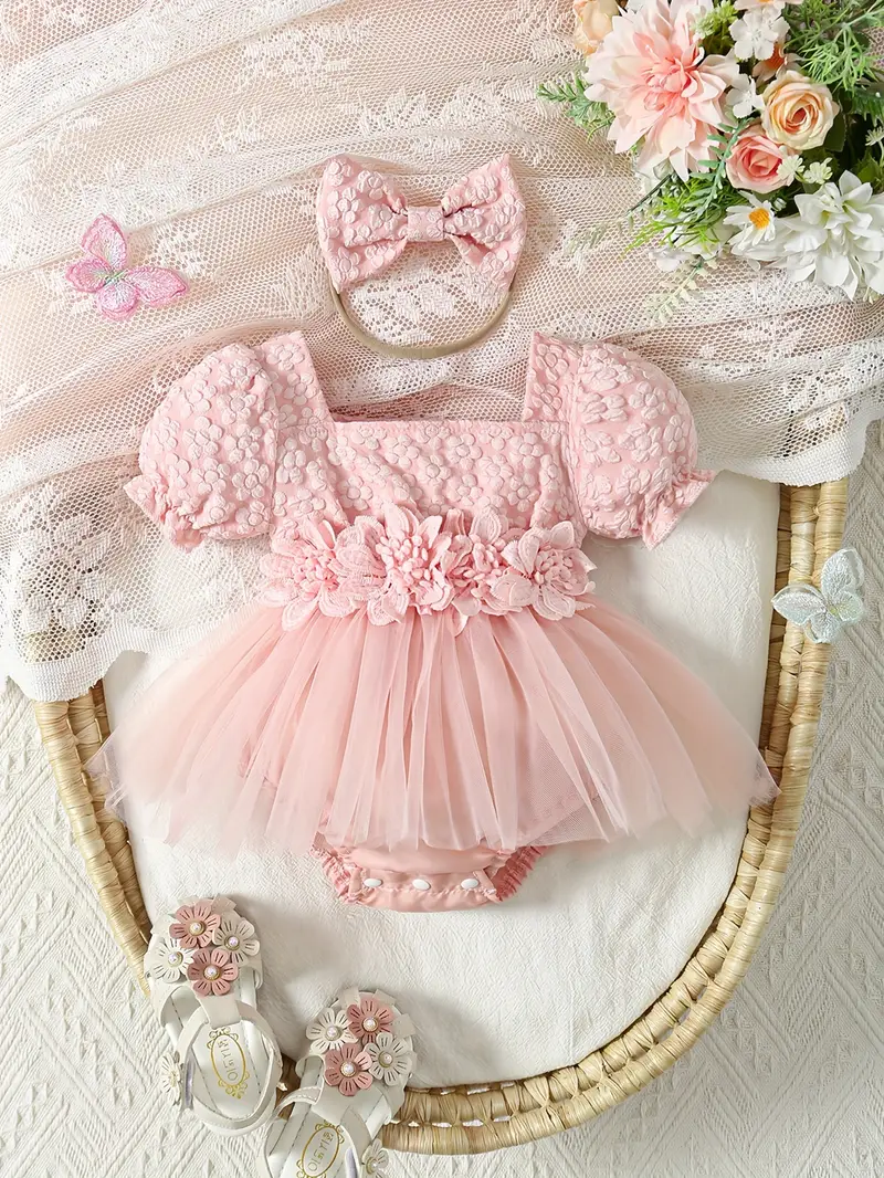 ニューボーンフォト 撮影衣装 女の子用 ガールズ パフ スリーブロンパースドレス サマードレス リボンのヘアバンド付き 0～18ヶ月