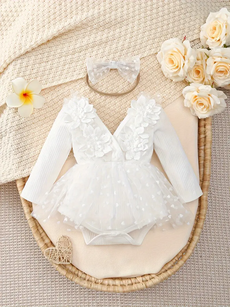 ニューボーンフォト 撮影小物 撮影衣装 ベビー衣装 2点セット ハートチュールスカートロンパース＆ヘッドバンド 長袖 Vネック ０～３歳