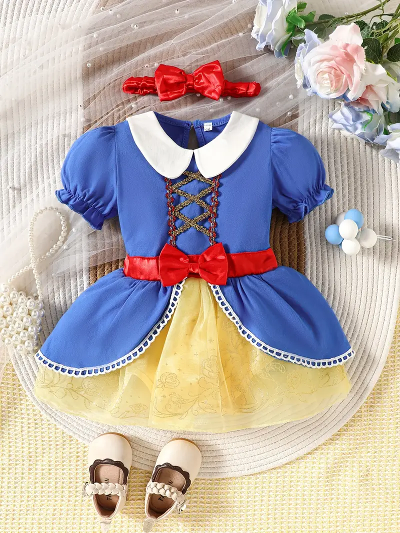 ニューボーンフォト 撮影衣装 ベビー衣装 女の子用 ガールズ ヘアバンド付きプリンセスドレス ブルー＆イエロー 0～18ヶ月