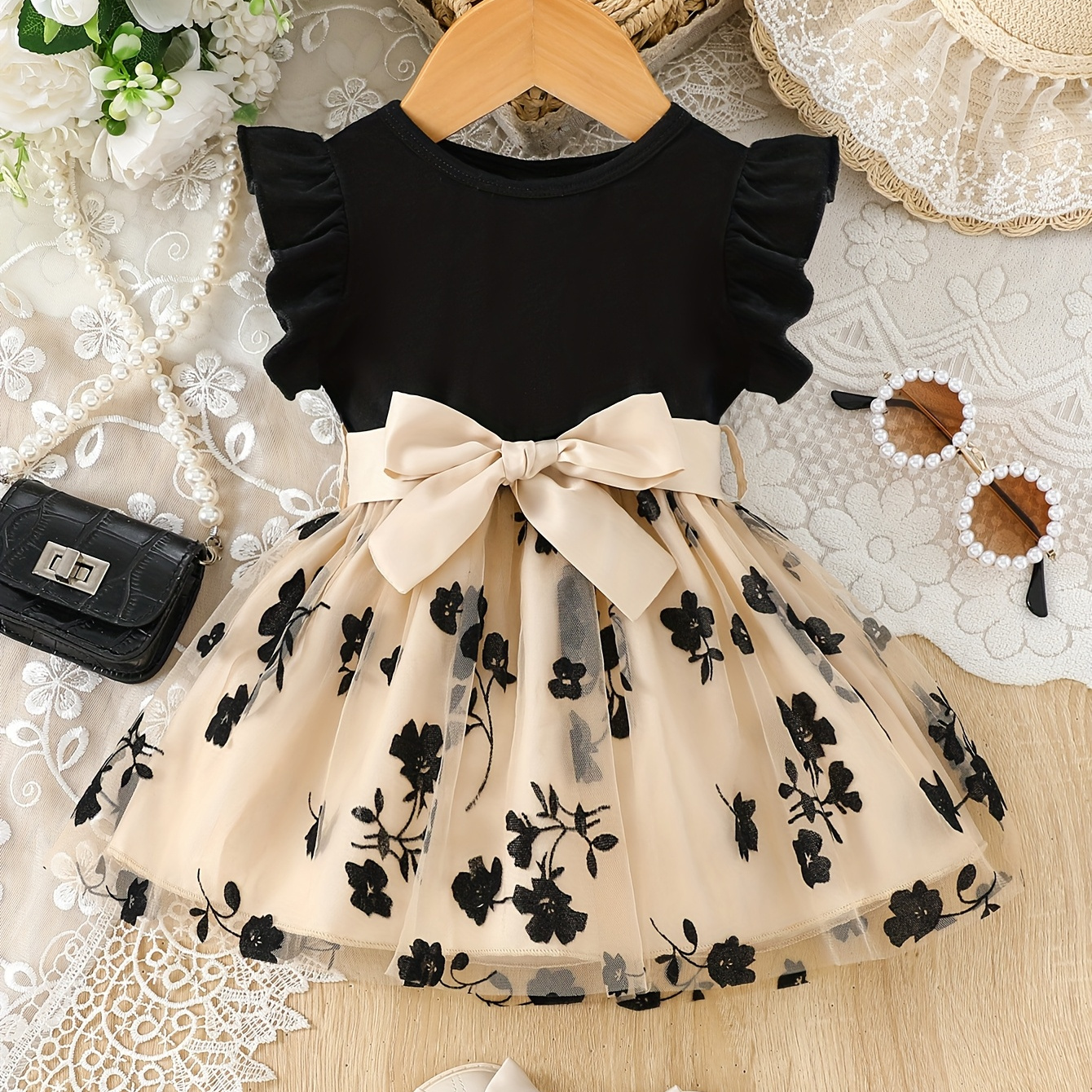 ニューボーンフォト 撮影衣装 ベビー衣装 ウイングスリーブとチュールスカートのロンパース リボンベルト付き