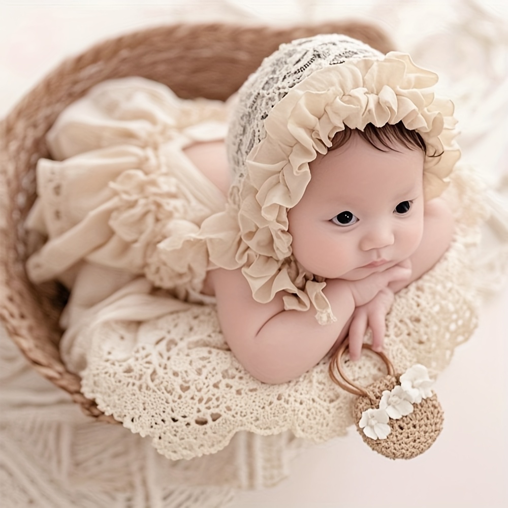 ニューボーンフォト 撮影小物 撮影衣装 ベビー衣装 ボンネット付きロンパースドレス ピュアホワイト/ナチュラルベージュ 0～3ヶ月