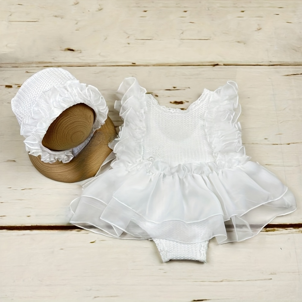 ニューボーンフォト 撮影小物 撮影衣装 ベビー衣装 ボンネット付きロンパースドレス ピュアホワイト/ナチュラルベージュ 0～3ヶ月