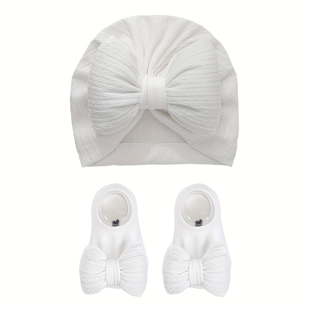 ニューボーンフォト 撮影小物 撮影衣装 ベビー衣装 大きなリボンのニットキャップ＆ソックス 2個セット 0～12ヶ月 5色