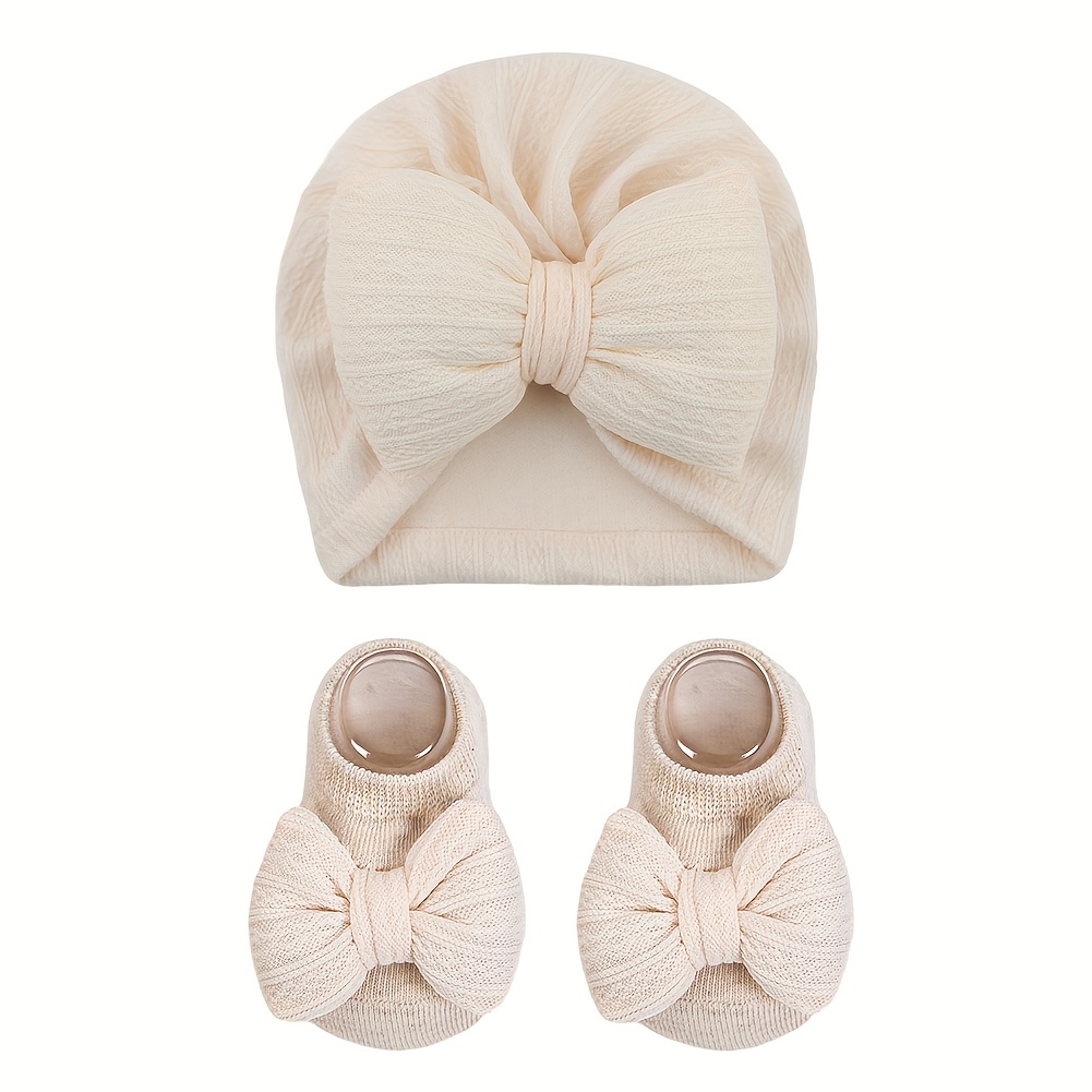 ニューボーンフォト 撮影小物 撮影衣装 ベビー衣装 大きなリボンのニットキャップ＆ソックス 2個セット 0～12ヶ月 5色