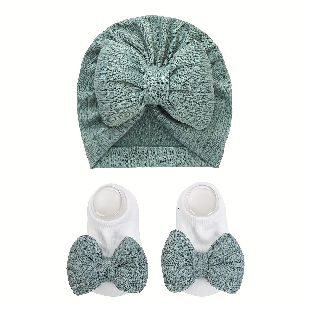 ニューボーンフォト 撮影小物 撮影衣装 ベビー衣装 大きなリボンのニットキャップ＆ソックス 2個セット 0～12ヶ月 5色