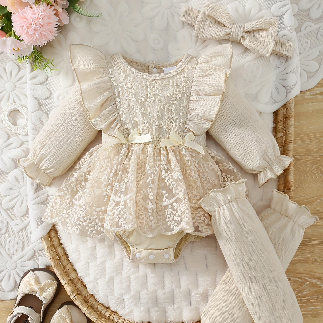 ニューボーンフォト 撮影小物 撮影衣装 ベビー衣装 女の子用ロンパースドレス ヘアバンド付き 長袖 3～18ヶ月