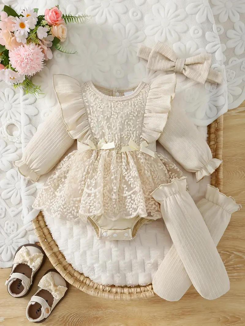 ニューボーンフォト 撮影小物 撮影衣装 ベビー衣装 女の子用ロンパースドレス ヘアバンド付き 長袖 3～18ヶ月