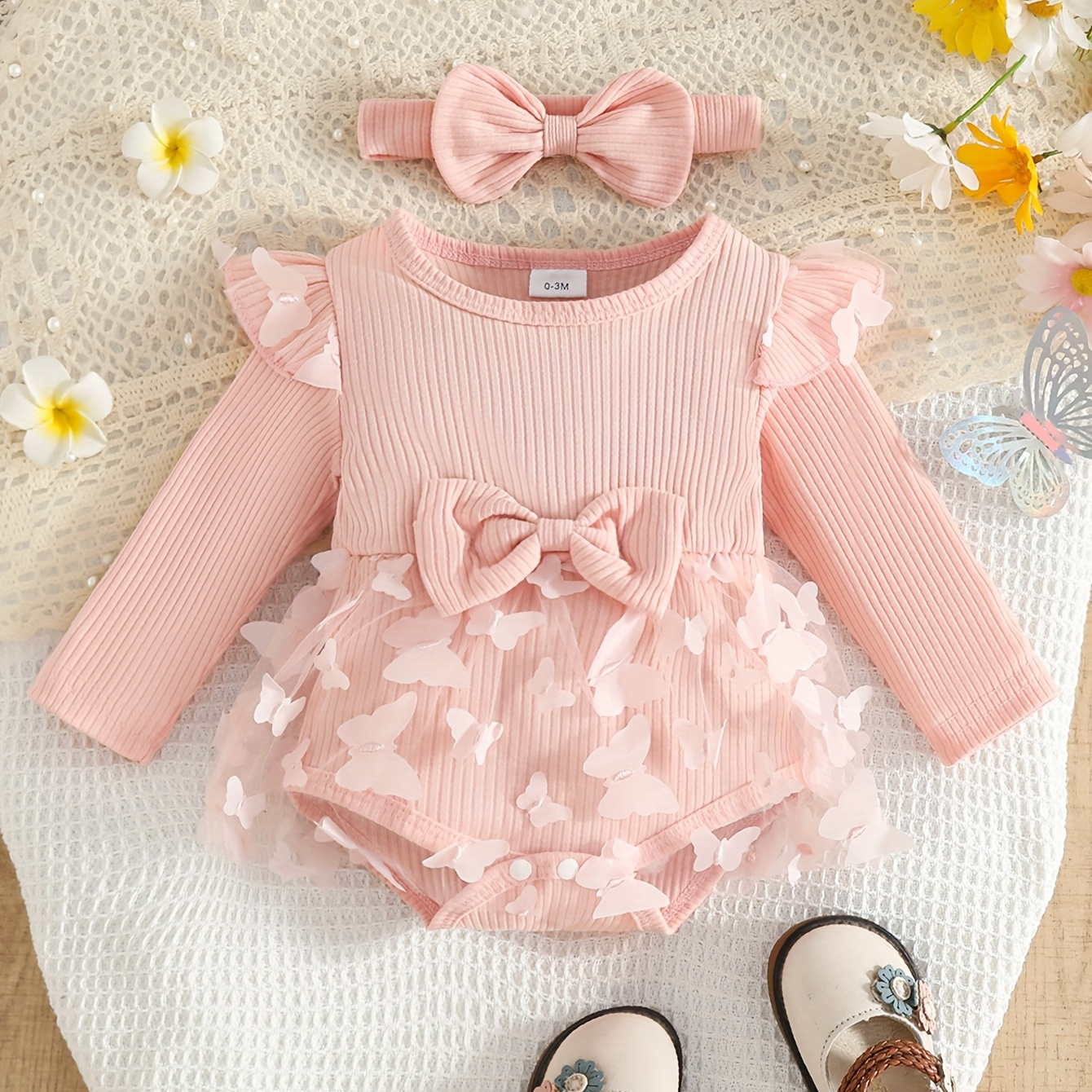 ニューボーンフォト 撮影衣装 ベビー衣装 ガールズ ウエストリボンバタフライロンパース ヘッドバンド付き