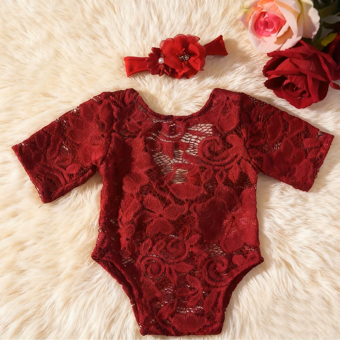 バーガンディーレースジャンプスーツ/ヘッドバンド付き