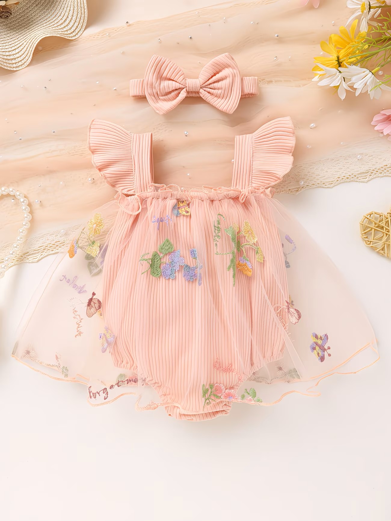 フローラルロンパースドレス ヘアアクセサリー付き