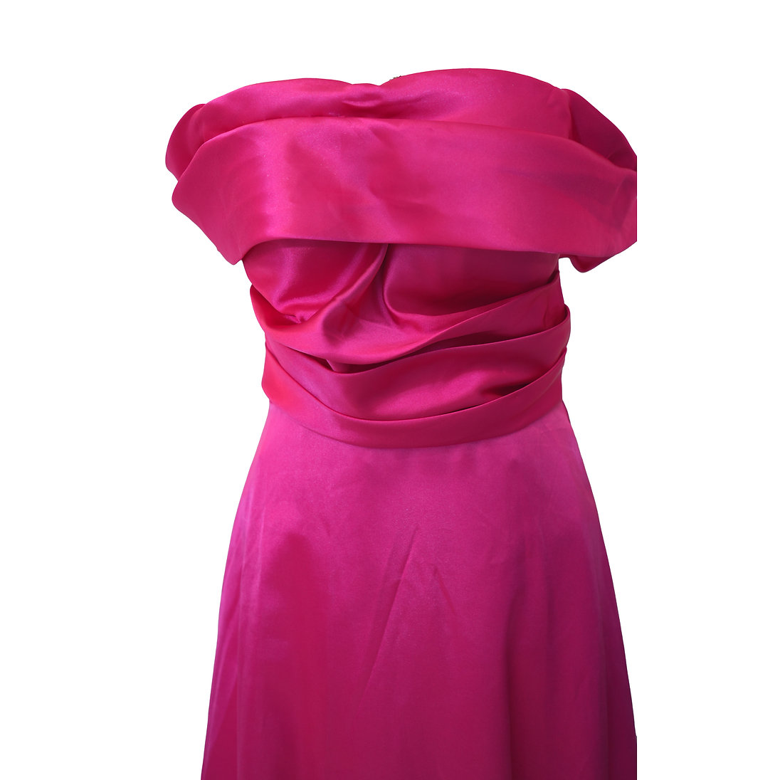 大人可愛いホットピンクのオフショルサテンドレス