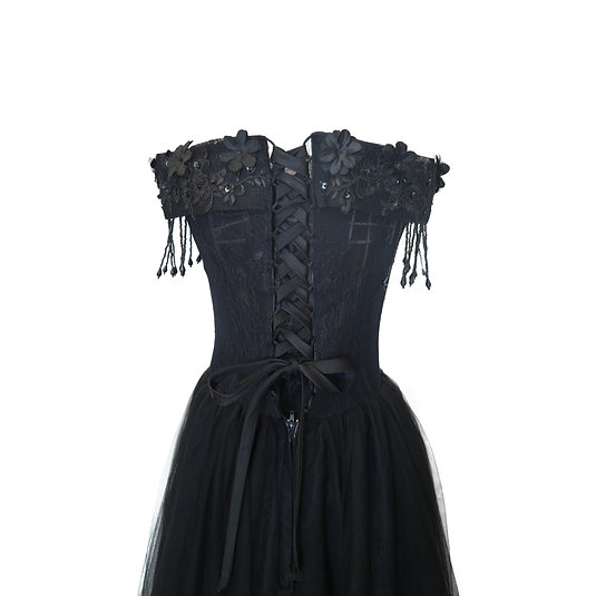 ビーズ輝くバックリボンのブラックオフショルダードレス