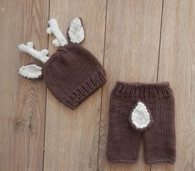 トナカイに変身★かぎ針編みのトナカイ帽子&しっぽ付きズボンのセット Newborn-3months